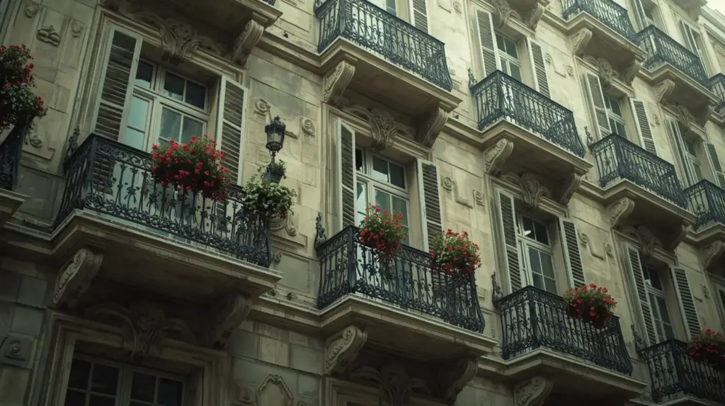 Фасад здания с балконами и цветами