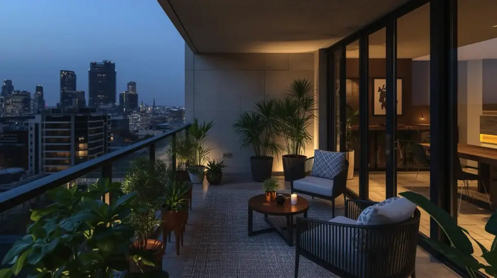Современный балкон с растениями вечером