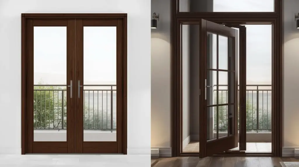 Деревянные балконные двери с видом на озеро