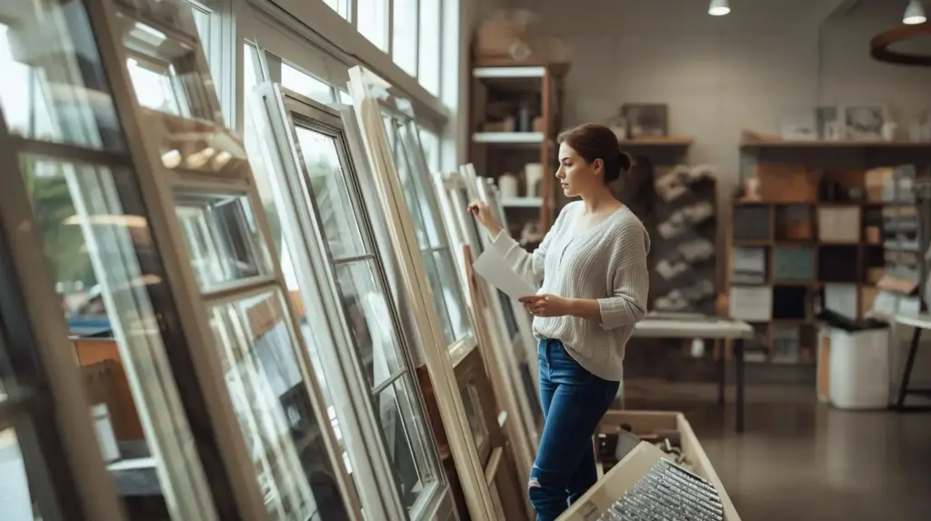 Женщина выбирает окна в магазине