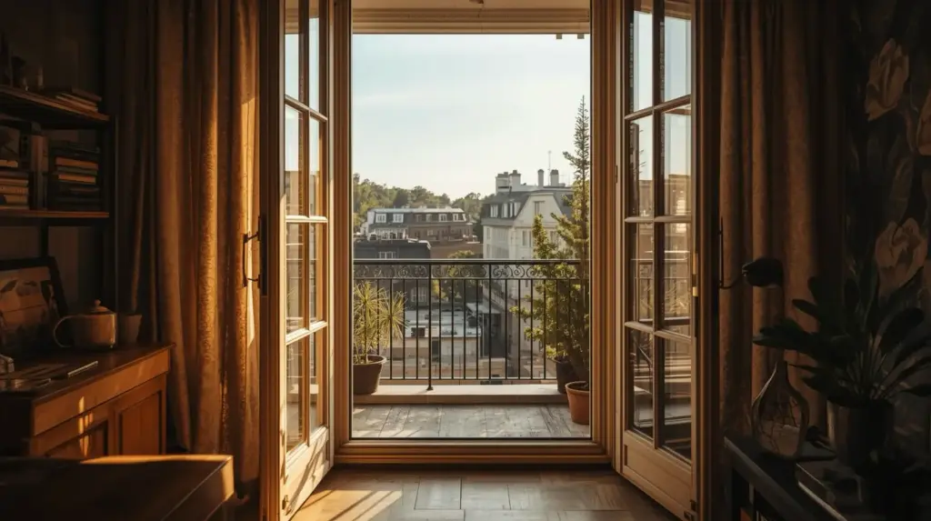 Балкон с видом на город на закате