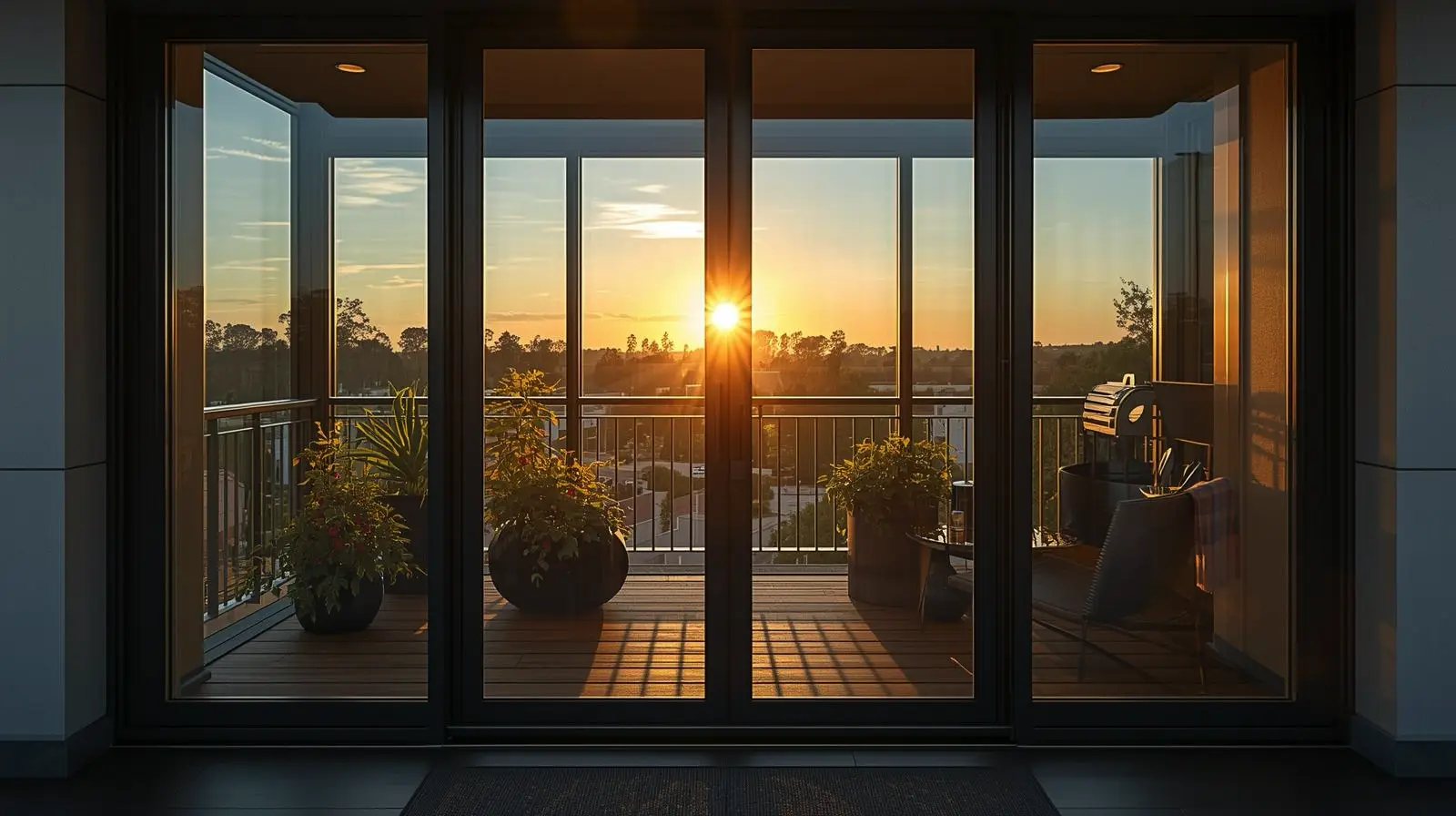 Закат на балконе с растениями и грилем