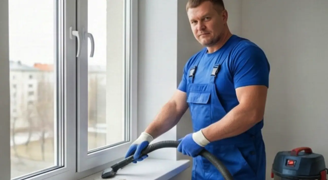 Мужчина убирает пыль с подоконника пылесосом