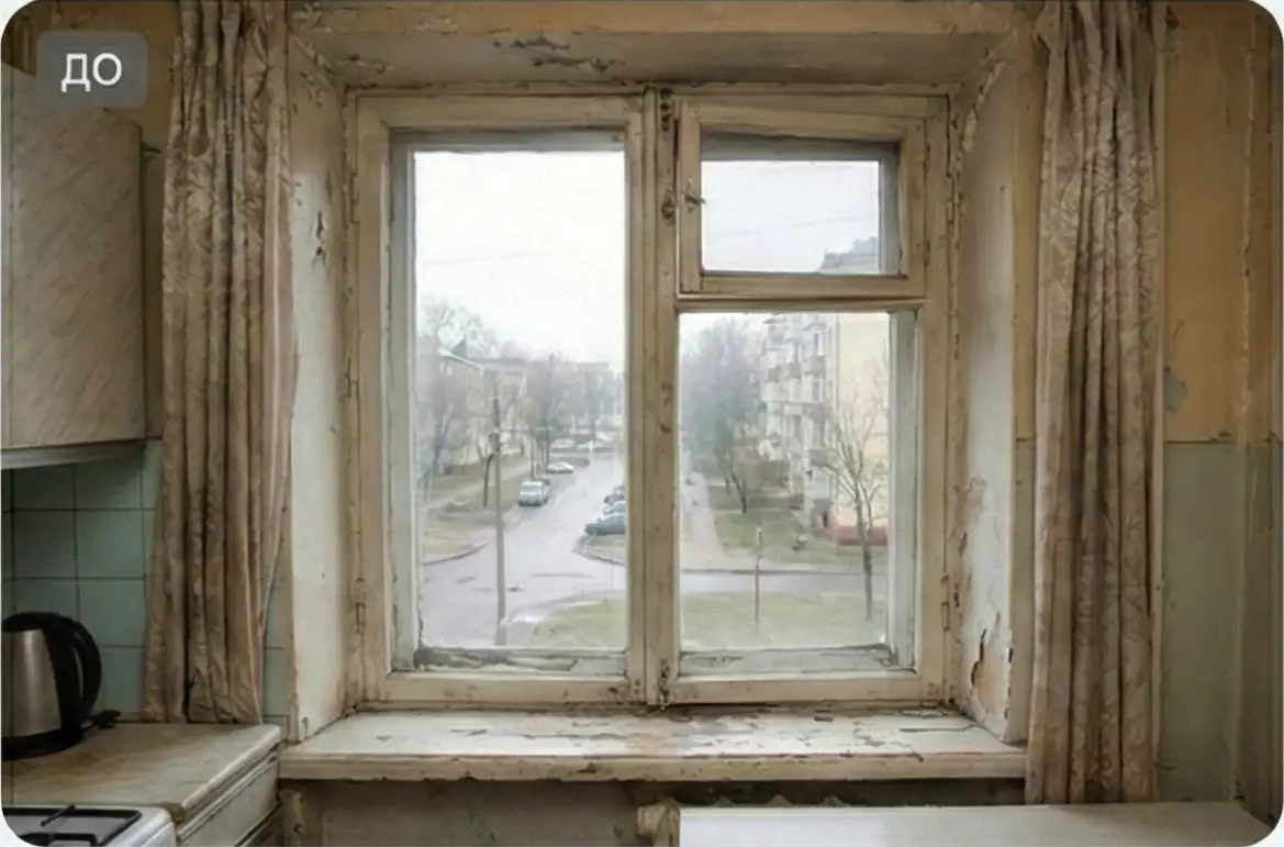 Старое окно с облупившейся краской на кухне