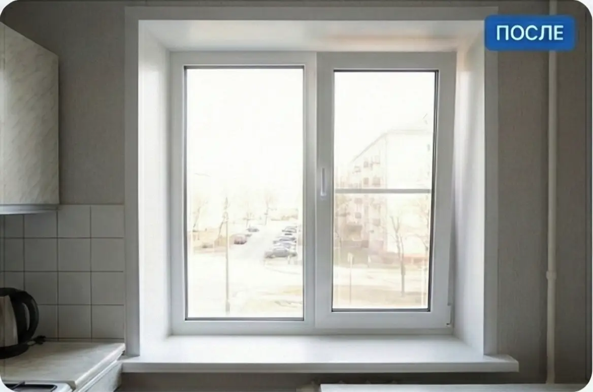 Новое пластиковое окно на кухне после ремонта