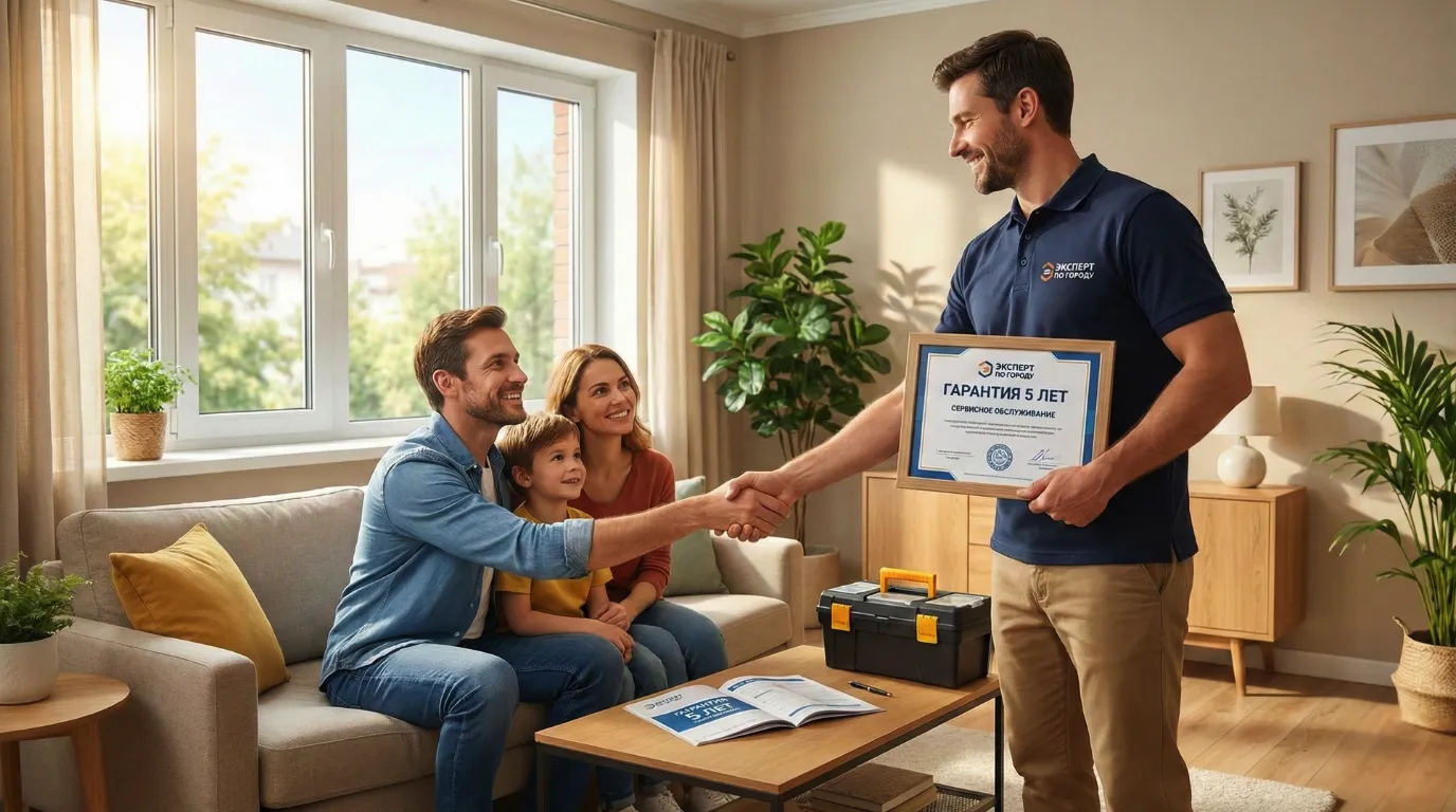 Мастер вручает семье сертификат гарантии обслуживания