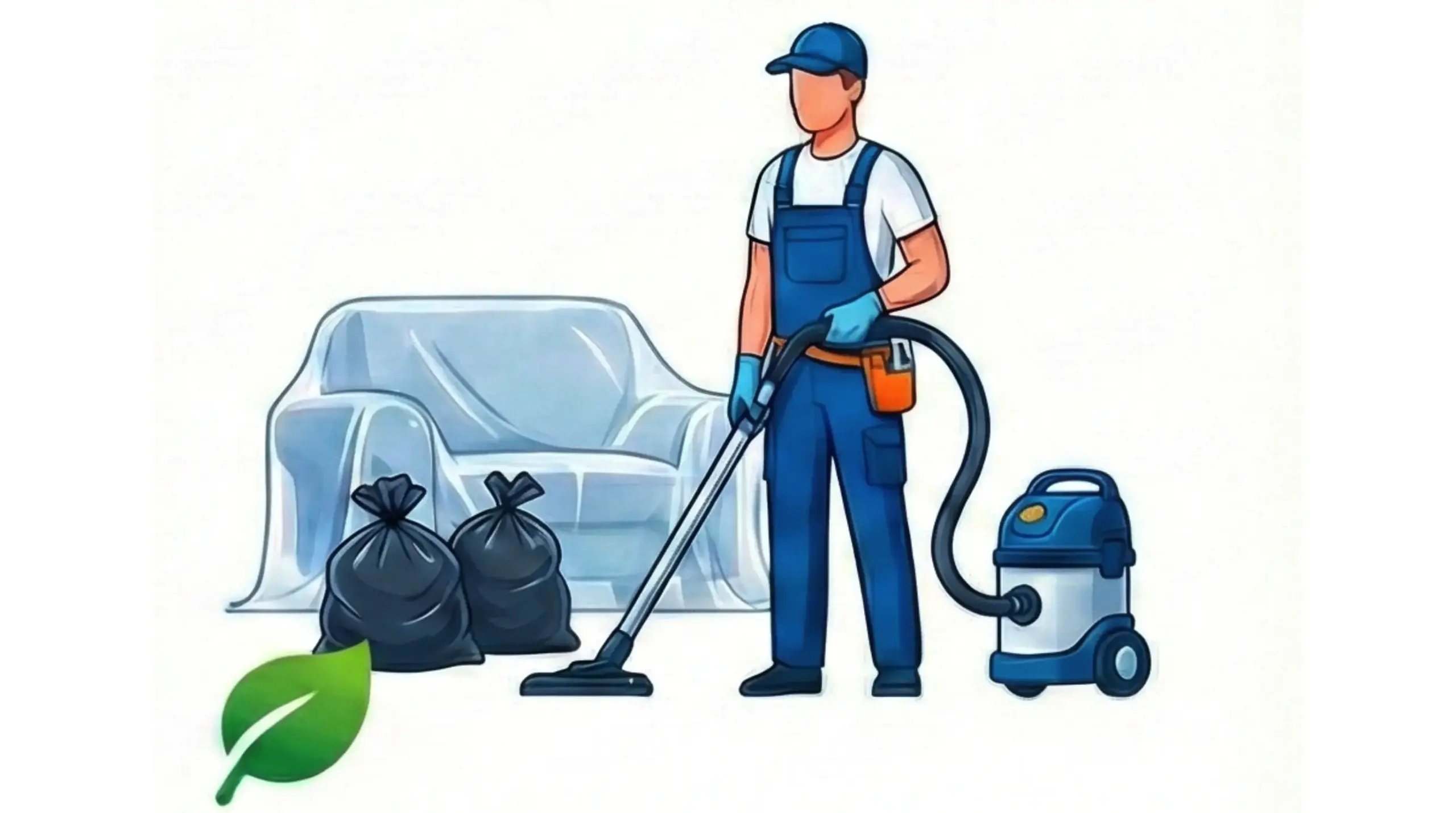 Уборщик пылесосит комнату рядом с диваном