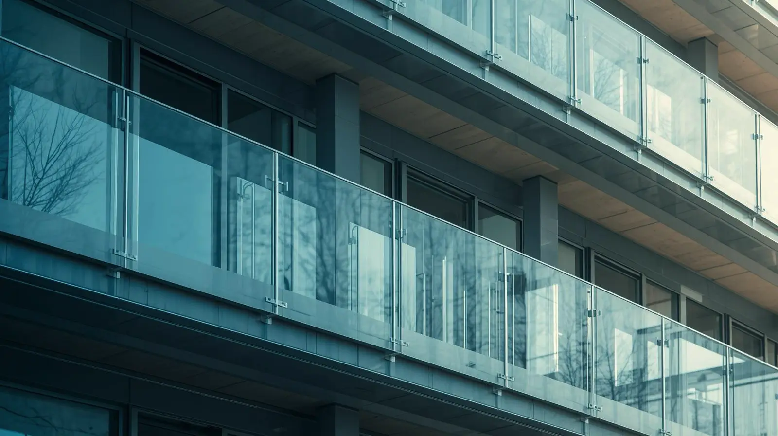 Современное здание с стеклянными балконами