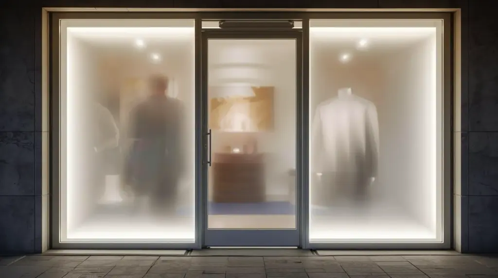 Молочная стеклянная витрина современного магазина одежды