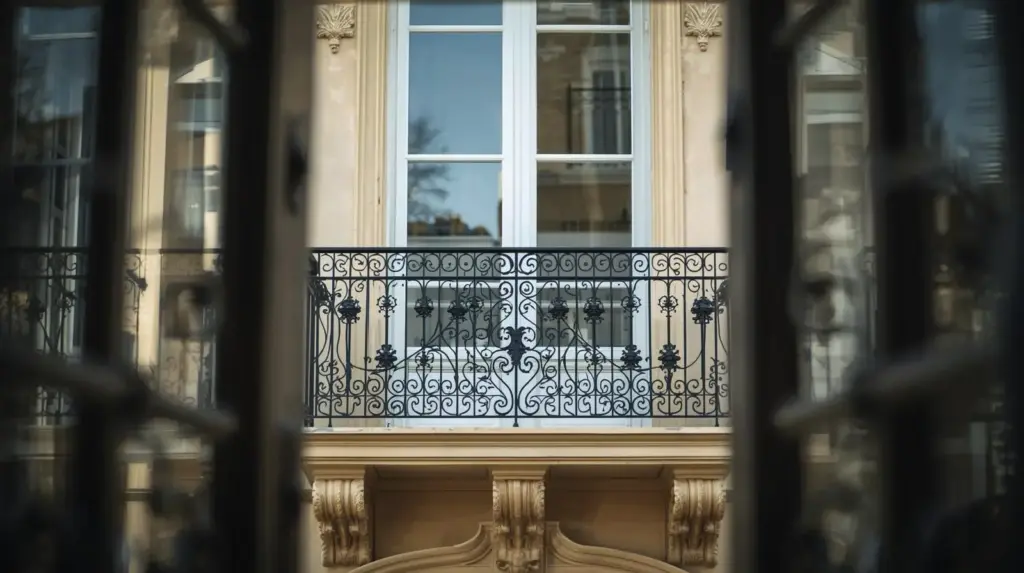 Кованый балкон и окно классического здания