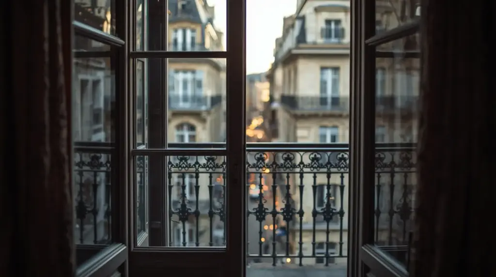 Вид на город с балкона через окно