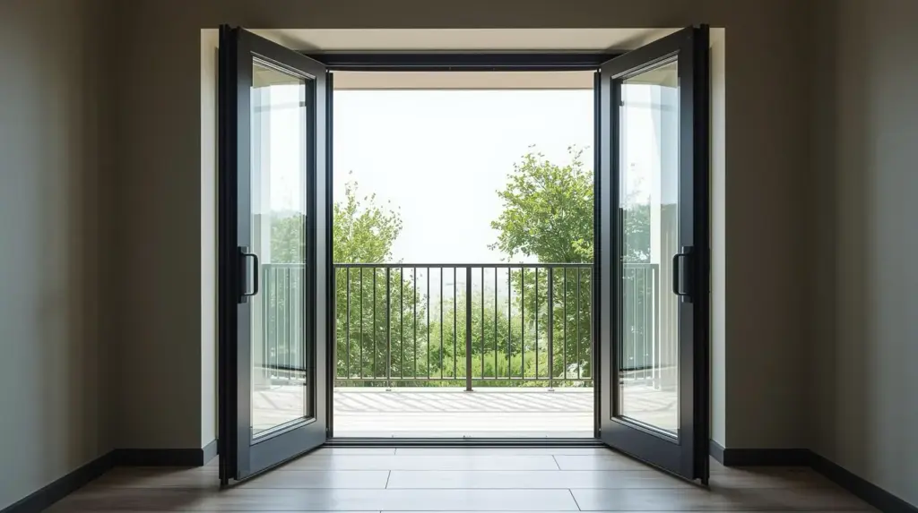 Открытые стеклянные двери на балкон с видом