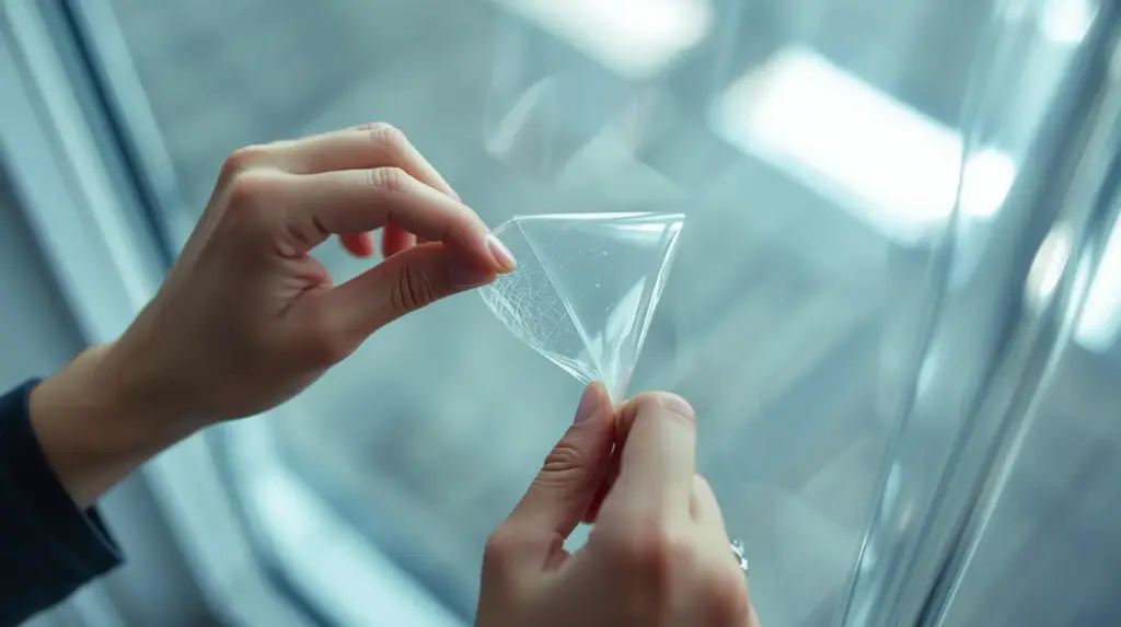 Руки наклеивают защитную пленку на стекло