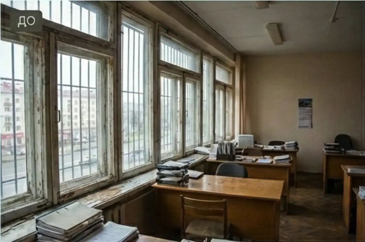 Старый офис с потёртыми деревянными столами и окнами