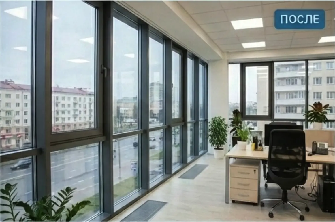 Современный офис с панорамными окнами и растениями