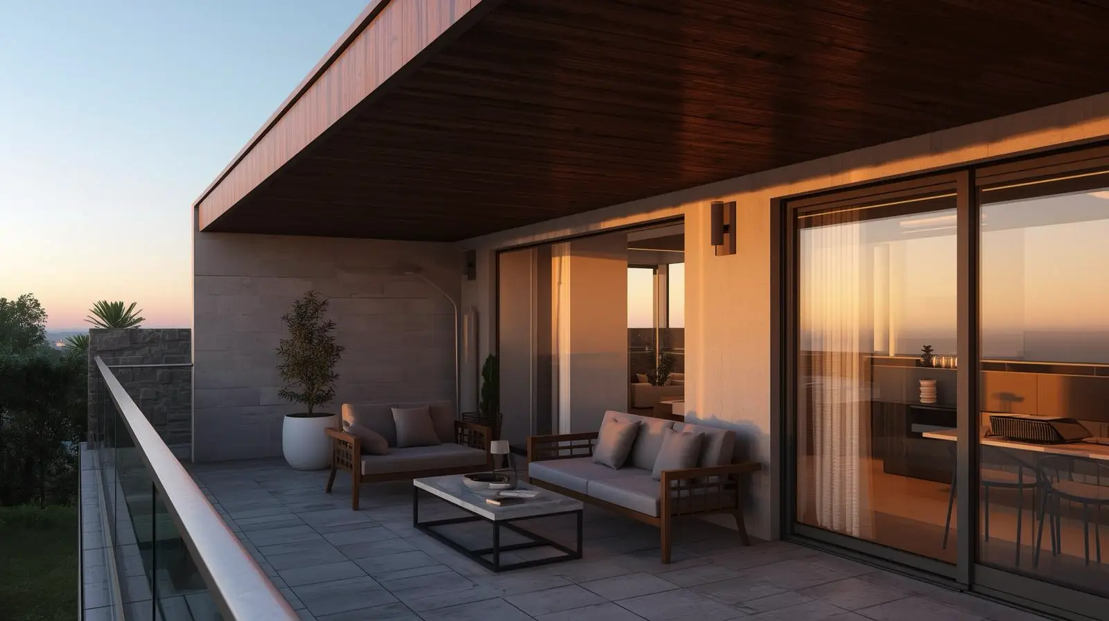 Современная терраса с видом на закат