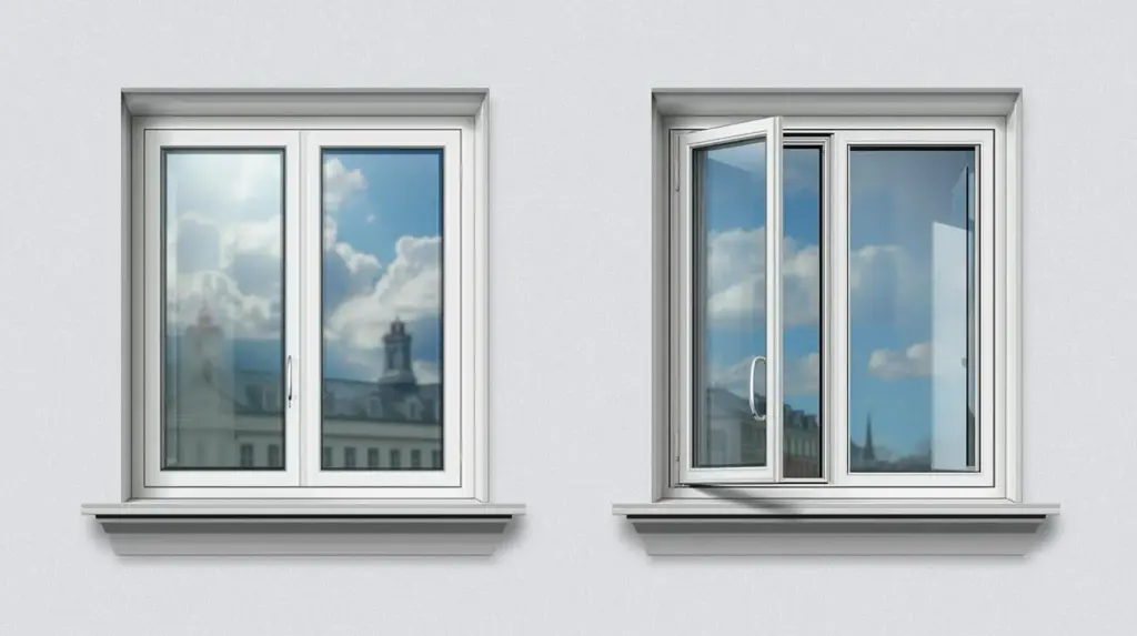 Закрытое и открытое пластиковое окно с видом на город