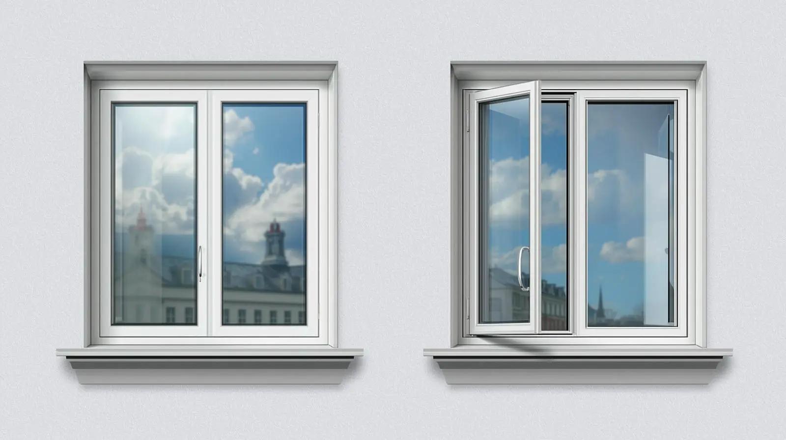 Закрытое и открытое пластиковое окно с видом на город