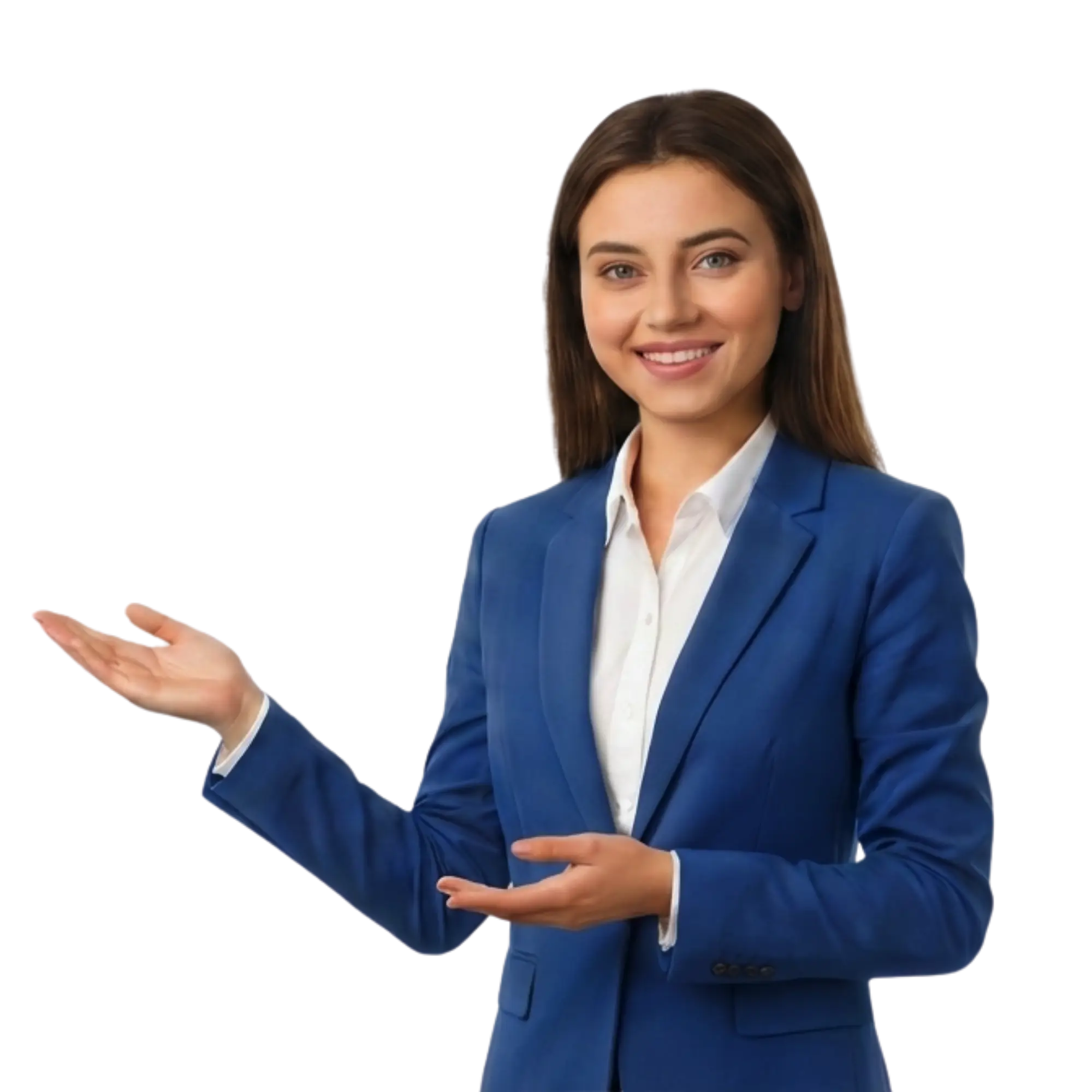 Женщина в синем костюме показывает рукой