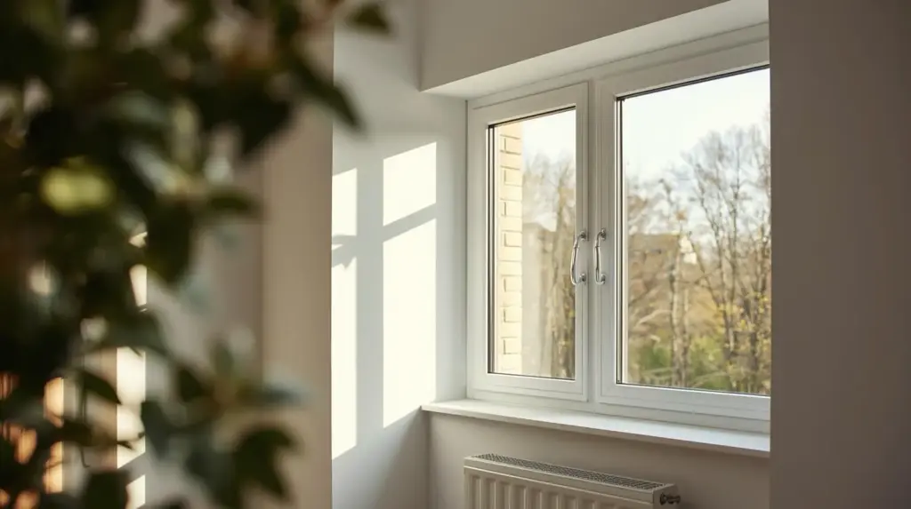 Солнечный свет через современное пластиковое окно