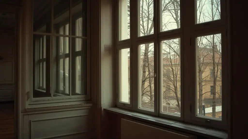 Окно с видом на деревья и здание