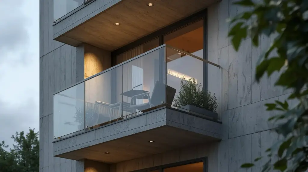 Современный балкон с стеклянными перилами и подсветкой