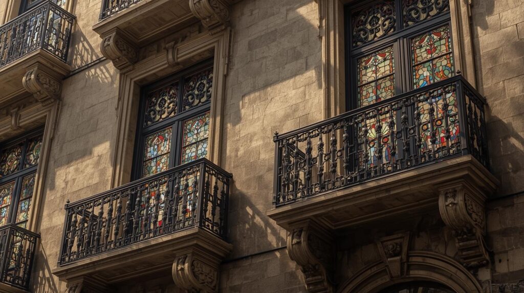 Фасад здания с витражными окнами и балконами