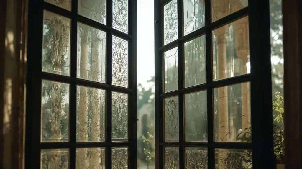 Открытое окно с узорным стеклом и видом наружу