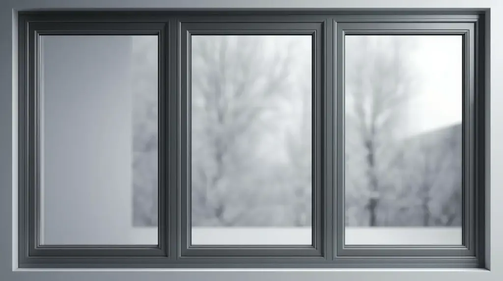 Трёхсекционное серое пластиковое окно с видом на зиму