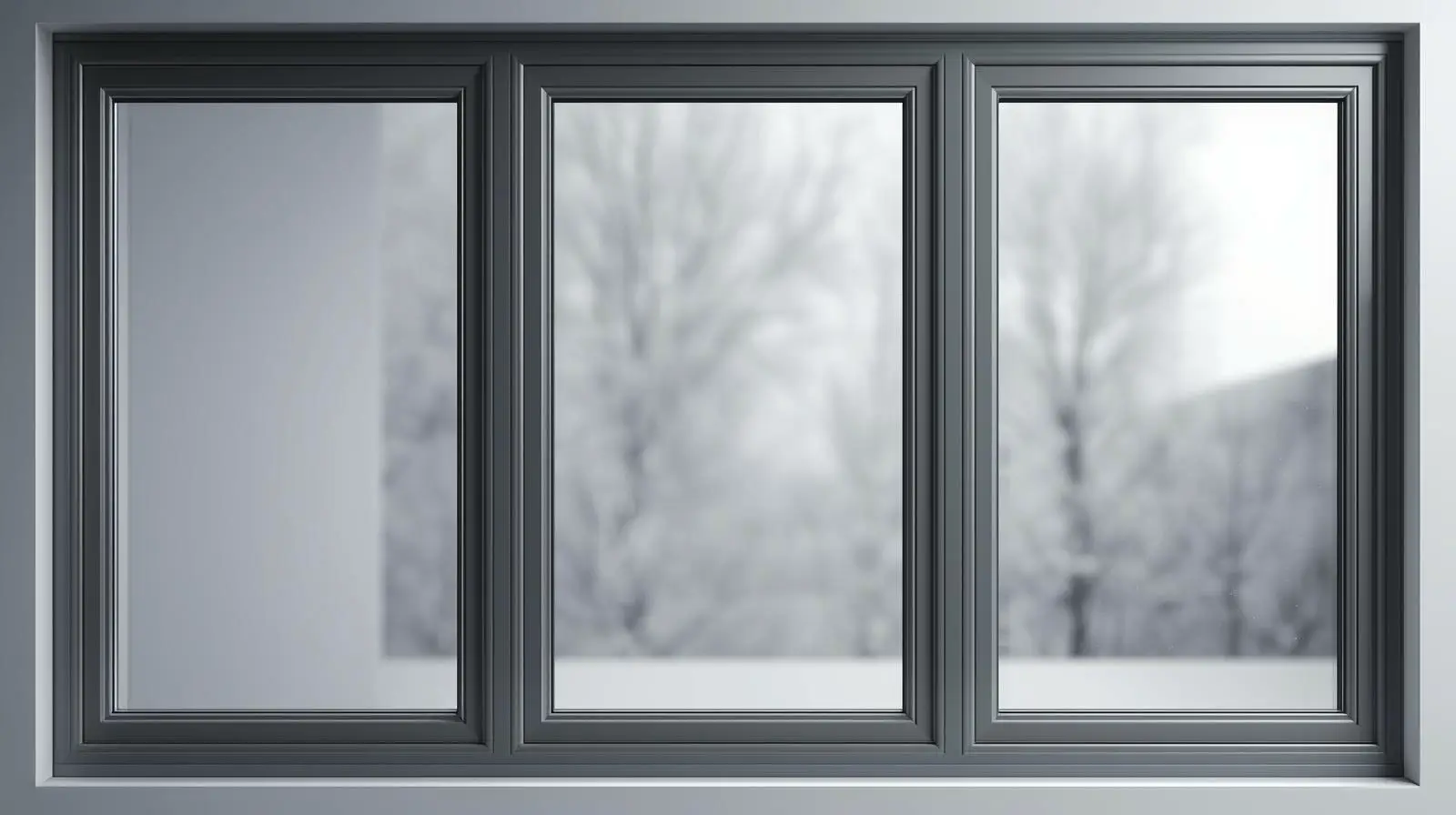 Трёхсекционное серое пластиковое окно с видом на зиму