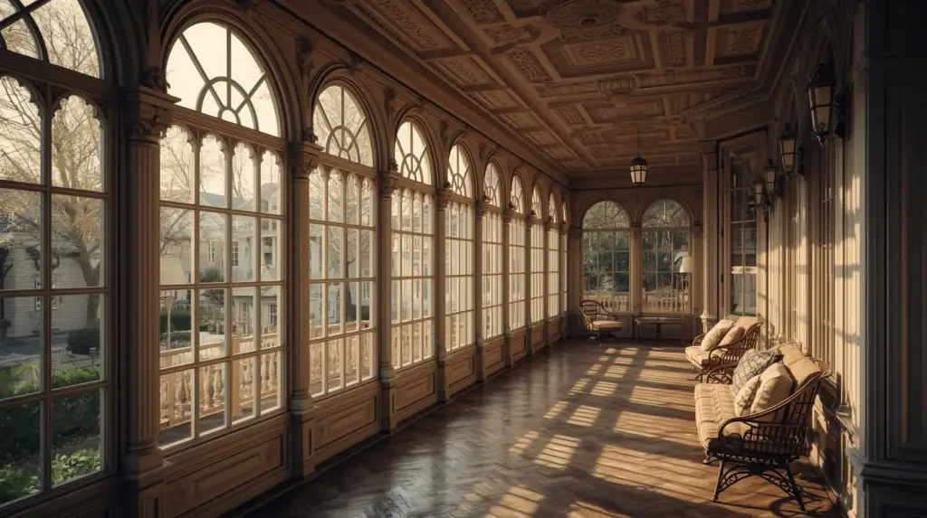 Солнечная терраса с большими арочными окнами