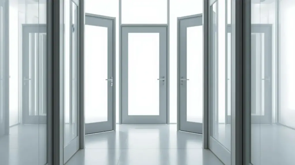 Современные стеклянные двери в светлом интерьере