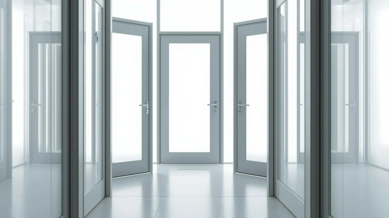 Современные стеклянные двери в светлом интерьере