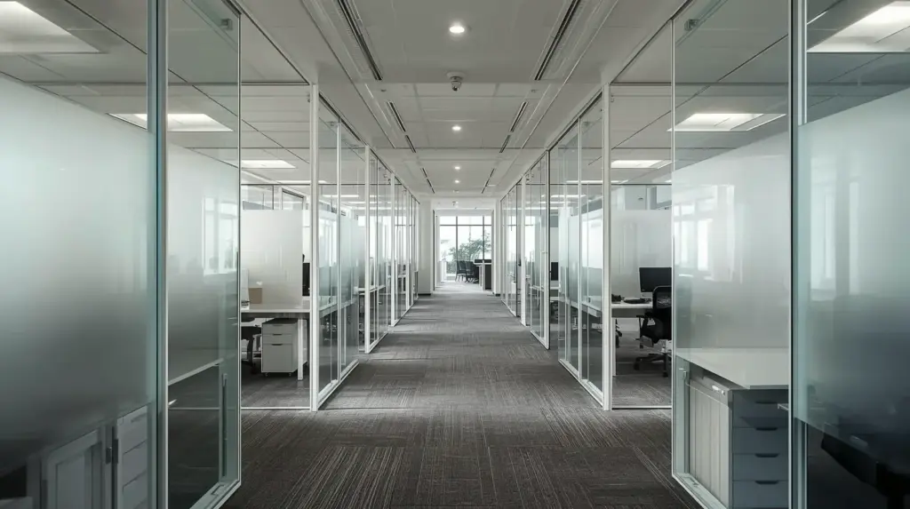 Современный офис с прозрачными перегородками и рабочими местами