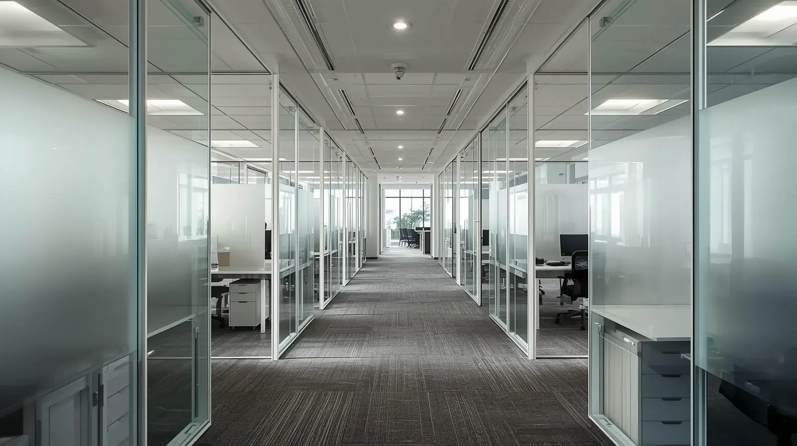 Современный офис с прозрачными перегородками и рабочими местами