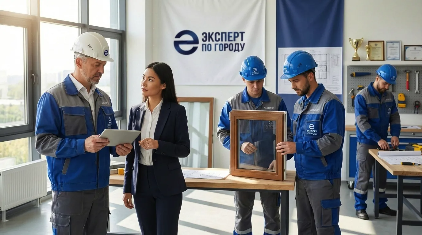 Инженеры обсуждают установку пластиковых окон