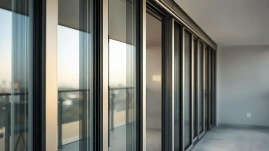 Современные стеклянные раздвижные двери на балконе