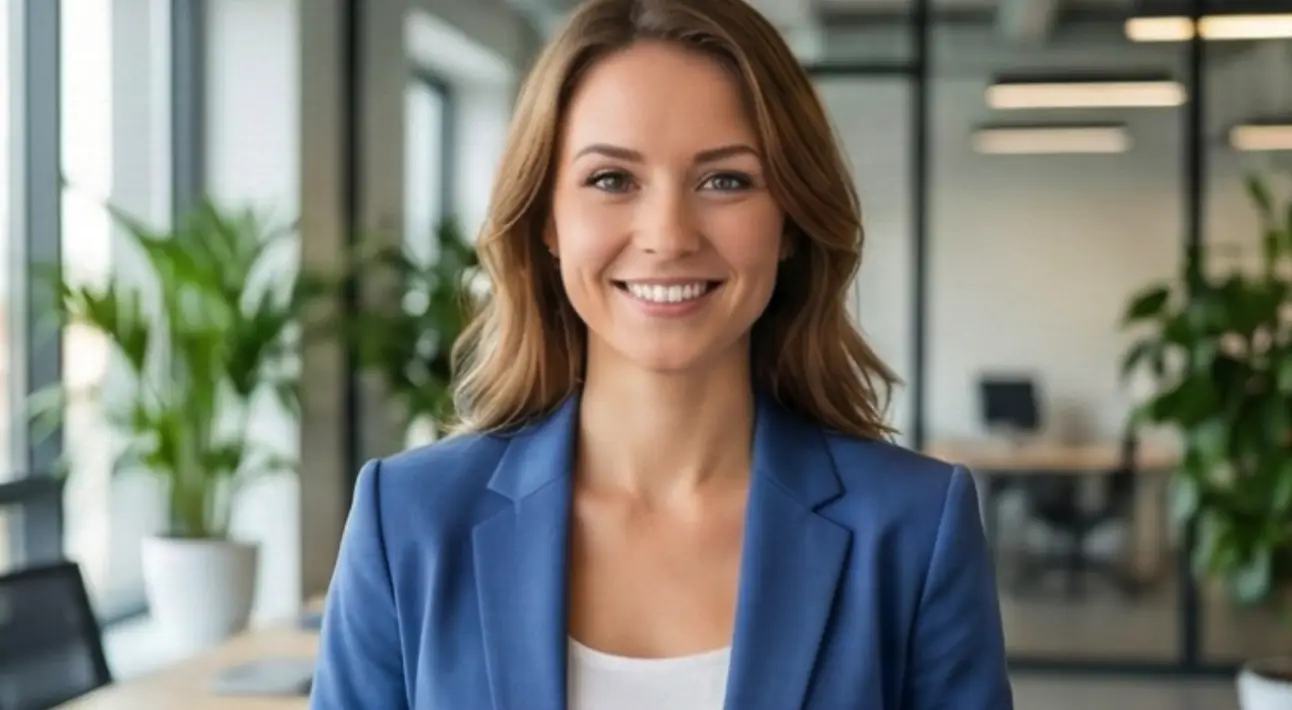 Улыбающаяся женщина в синем пиджаке в офисе