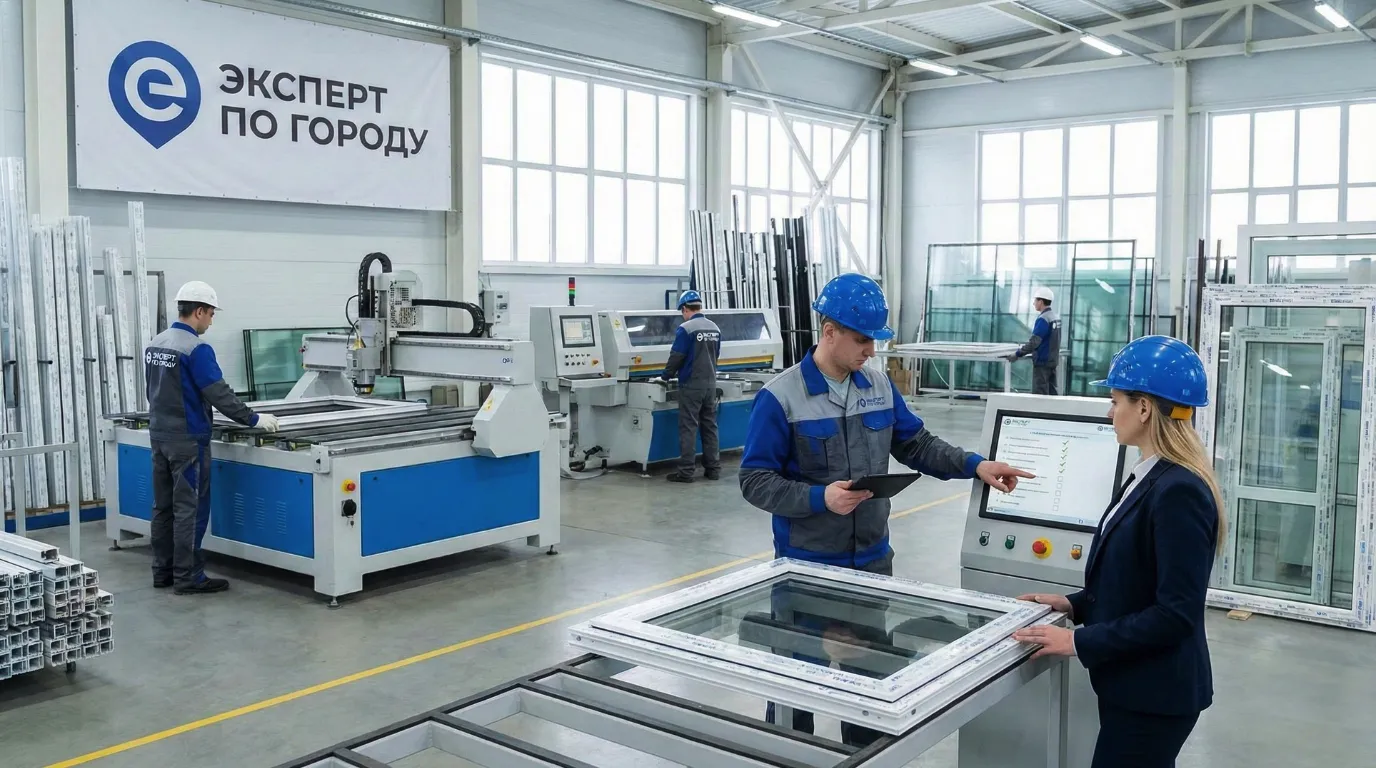 Рабочие на заводе по производству окон