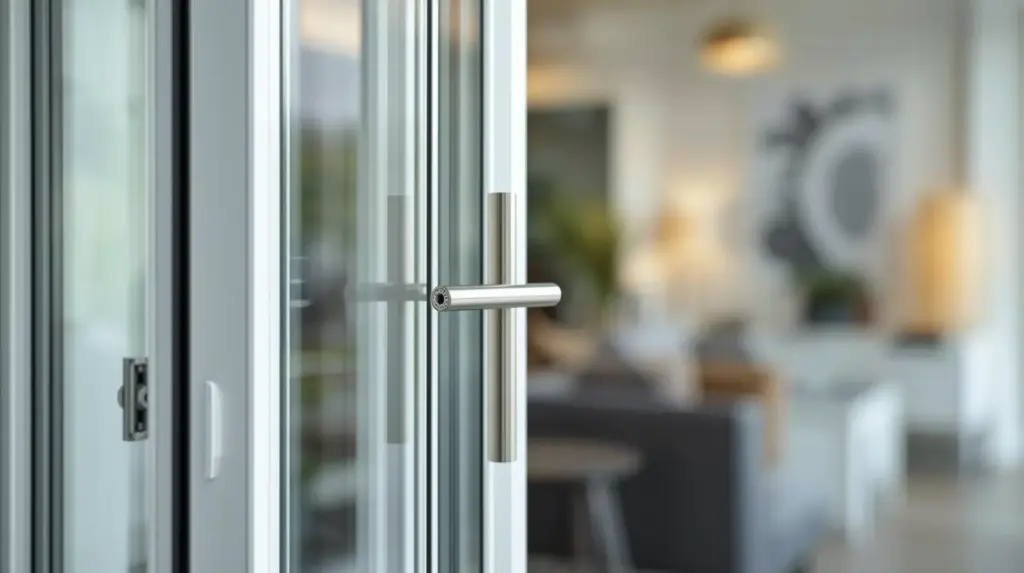 Современная стеклянная дверь с металлической ручкой
