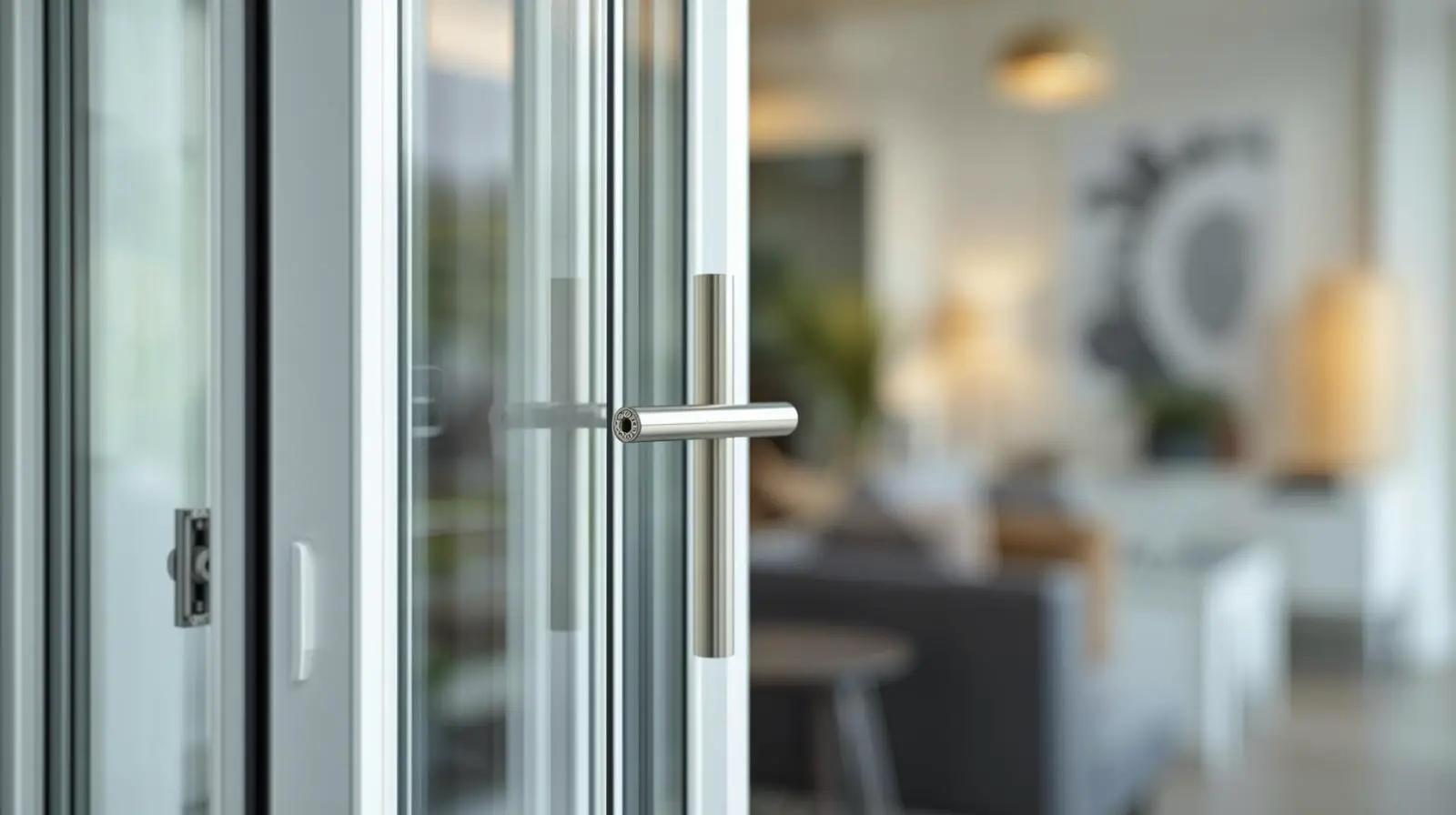 Современная стеклянная дверь с металлической ручкой