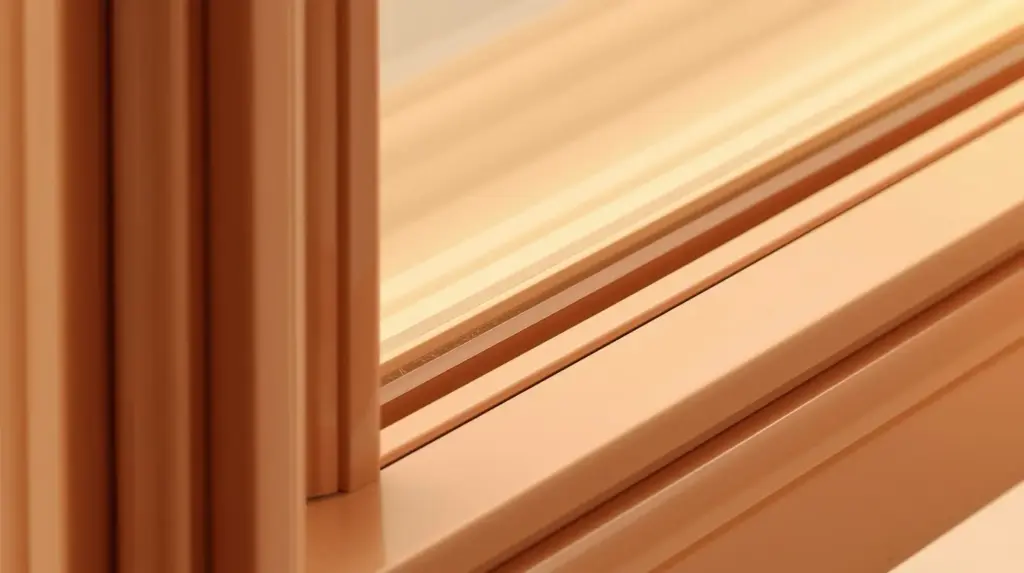 Бежевое пластиковое окно крупным планом