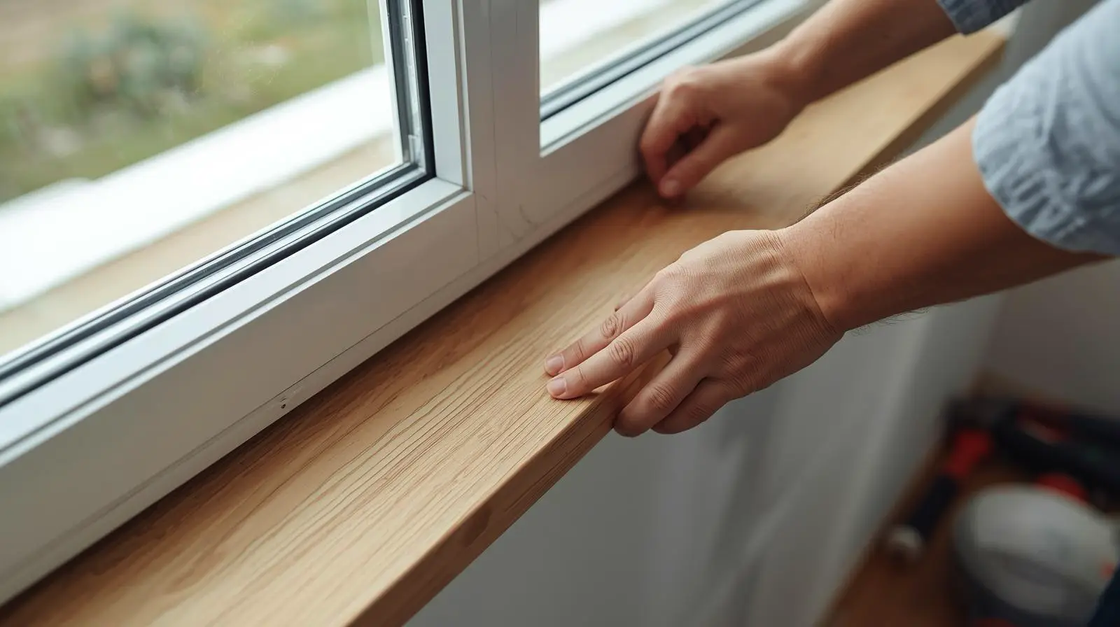 Установка деревянного подоконника у окна