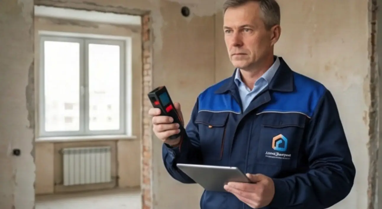 Инженер проверяет ремонт помещения с планшетом